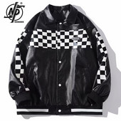 Pánska kožená bunda z PU, čierna, s potlačou šachovnice, patchworková bunda, motorkárska motorkárska móda, mužský bomber, baseballový kabát, unisex 2023