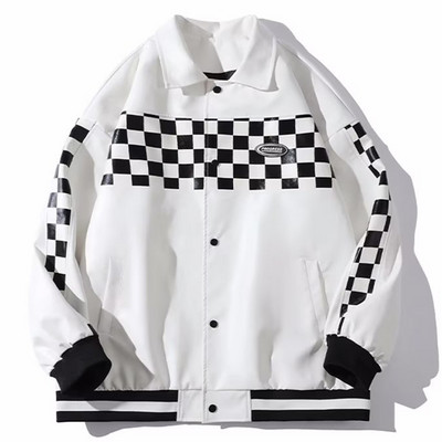 Pánska kožená bunda z PU, čierna, s potlačou šachovnice, patchworková bunda, motorkárska motorkárska móda, mužský bomber, baseballový kabát, unisex 2023