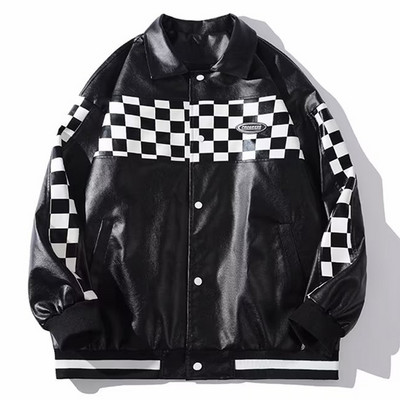 Pánska kožená bunda z PU, čierna, s potlačou šachovnice, patchworková bunda, motorkárska motorkárska móda, mužský bomber, baseballový kabát, unisex 2023