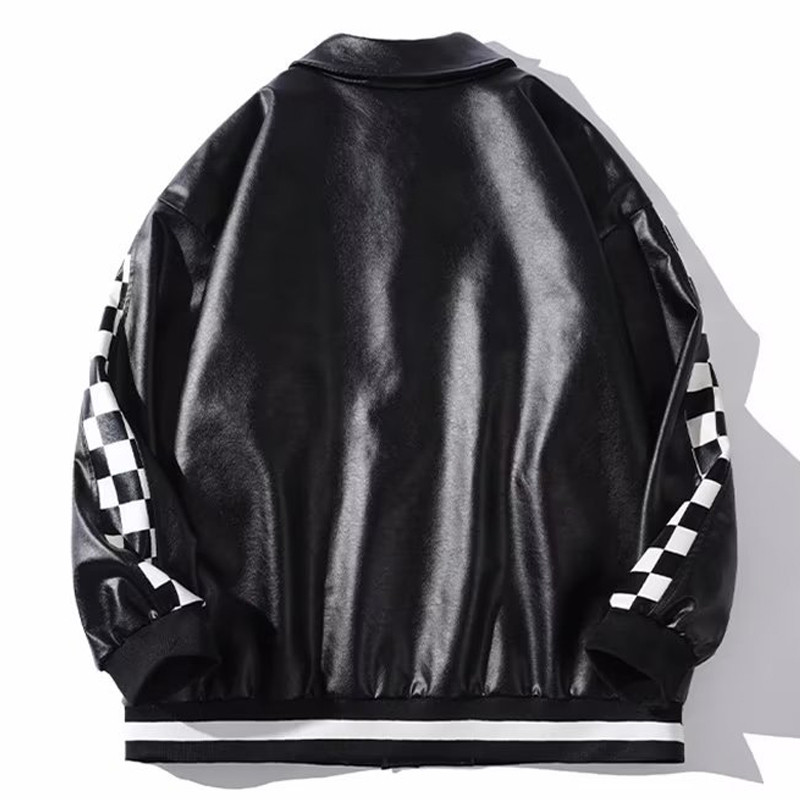 Pánska kožená bunda z PU, čierna, s potlačou šachovnice, patchworková bunda, motorkárska motorkárska móda, mužský bomber, baseballový kabát, unisex 2023