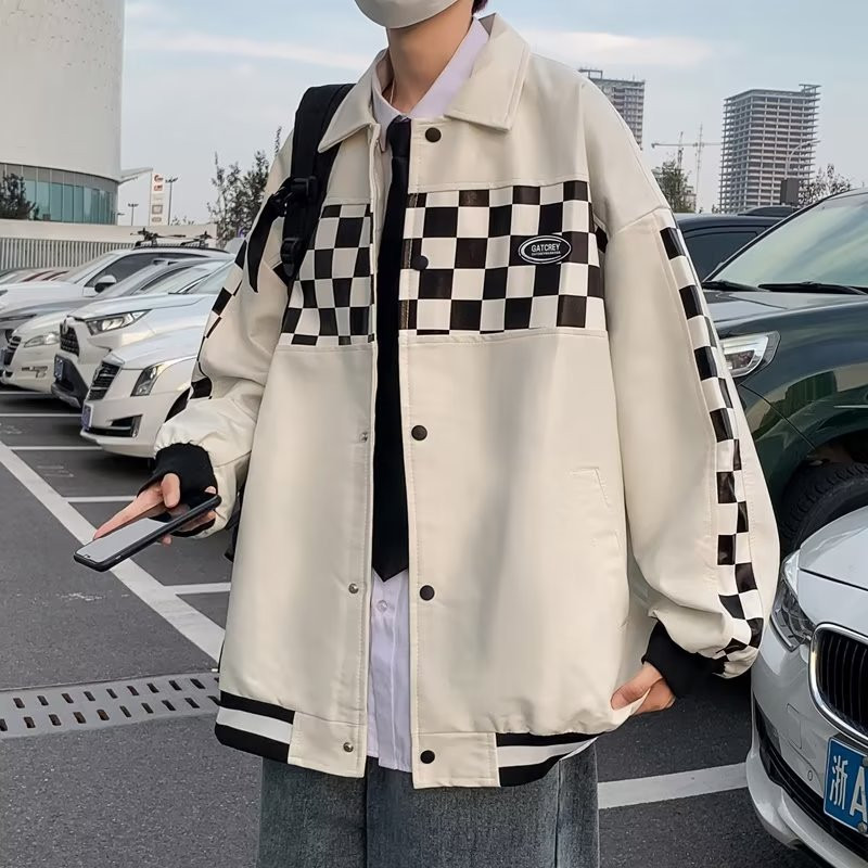 Pánska kožená bunda z PU, čierna, s potlačou šachovnice, patchworková bunda, motorkárska motorkárska móda, mužský bomber, baseballový kabát, unisex 2023