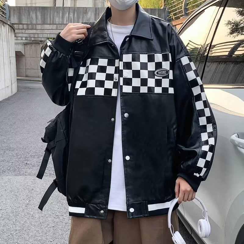 Pánska kožená bunda z PU, čierna, s potlačou šachovnice, patchworková bunda, motorkárska motorkárska móda, mužský bomber, baseballový kabát, unisex 2023