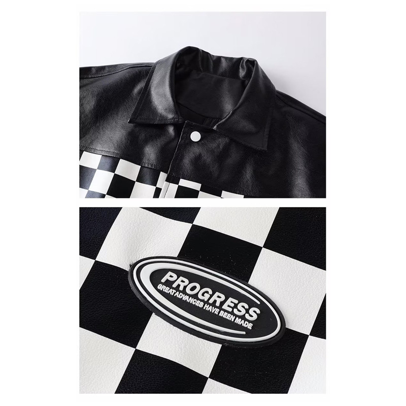 Pánska kožená bunda z PU, čierna, s potlačou šachovnice, patchworková bunda, motorkárska motorkárska móda, mužský bomber, baseballový kabát, unisex 2023