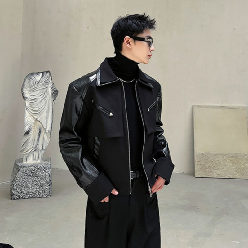 Ανδρικά δερμάτινα μπουφάν Pu δερμάτινα μπουφάν IEFB Σκούρα Ruffian Όμορφα Ρούχα με διπλή λαιμόκοψη Niche Σχέδιο Κορεατικής μόδας Παλτό 9C2330