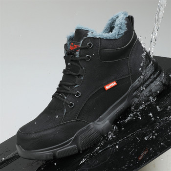 Μαύρες δερμάτινες χειμερινές βελούδινες μπότες εργασίας ασφαλείας για άνδρες αδιάβροχα κατά της πίεσης των νυχιών εργατικά παπούτσια Αδιάφθορα υποδήματα από ατσάλι