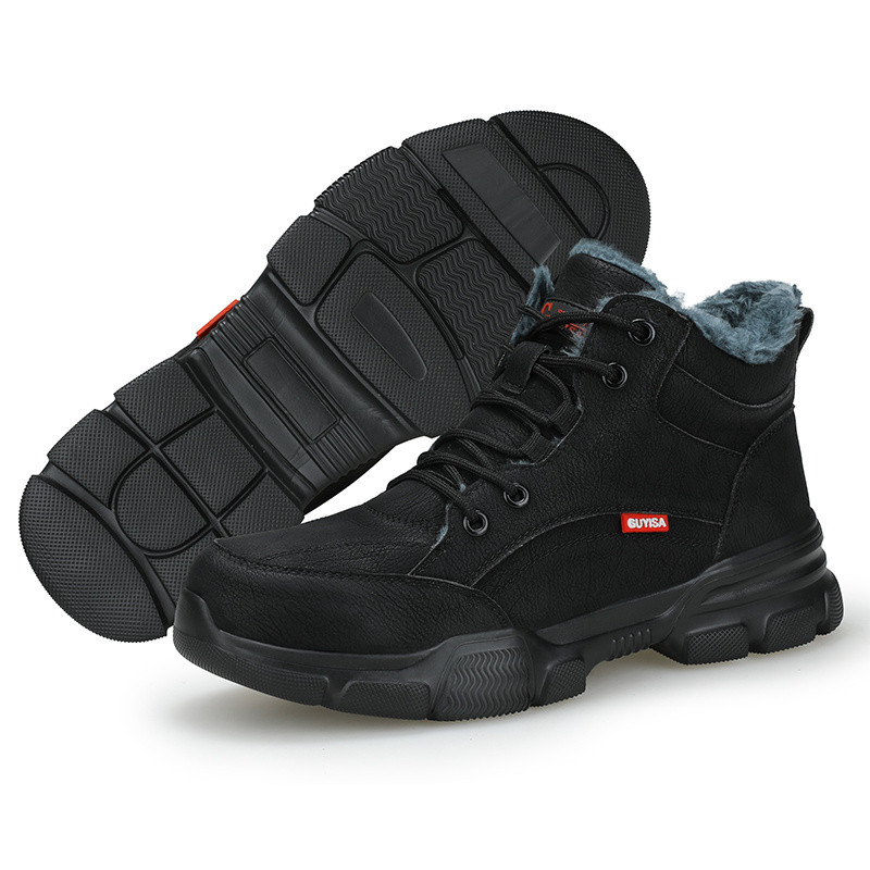 Μαύρες δερμάτινες χειμερινές βελούδινες μπότες εργασίας ασφαλείας για άνδρες αδιάβροχα κατά της πίεσης των νυχιών εργατικά παπούτσια Αδιάφθορα υποδήματα από ατσάλι