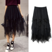 Fuste din tul pentru femei, cu talie înaltă elastică din plasă, tutu maxi plisat, lungă, midi, pentru femei, fustă neregulată, fustă asimetrică
