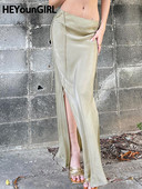 HEYounGIRL Fusta din satin pentru femei, stil de plajă, vară, cu despărțire înaltă, elegante, fuste maxi, de vacanță, cu talie joasă, până la podea