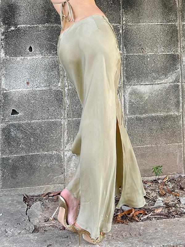HEYounGIRL Fusta din satin pentru femei, stil de plajă, vară, cu despărțire înaltă, elegante, fuste maxi, de vacanță, cu talie joasă, până la podea