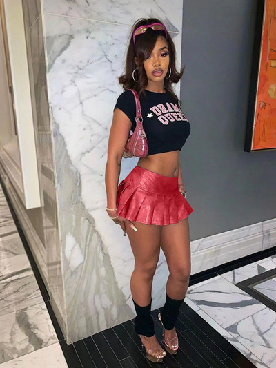 Sweet Girls Solid PU cu talie înaltă Mini fuste plisate Tinute sexy de club pentru femei 2023 Moda Vară Y2k Fusta elastică în linie A