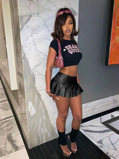 Sweet Girls Solid PU cu talie înaltă Mini fuste plisate Tinute sexy de club pentru femei 2023 Moda Vară Y2k Fusta elastică în linie A