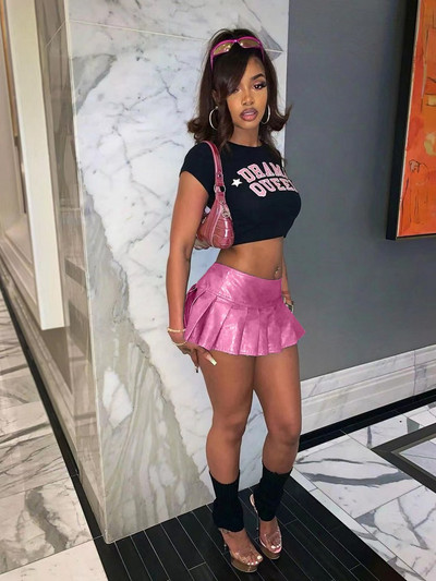 Sweet Girls Solid PU cu talie înaltă Mini fuste plisate Tinute sexy de club pentru femei 2023 Moda Vară Y2k Fusta elastică în linie A