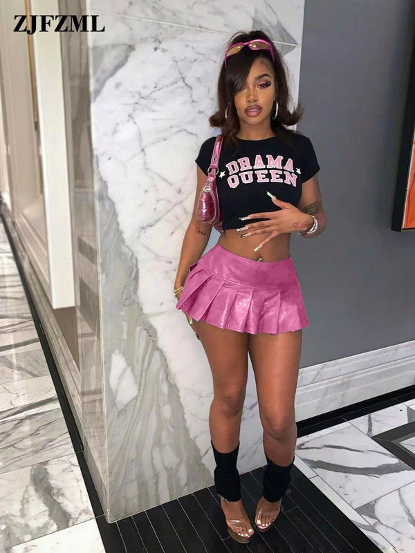 Sweet Girls Solid PU cu talie înaltă Mini fuste plisate Tinute sexy de club pentru femei 2023 Moda Vară Y2k Fusta elastică în linie A