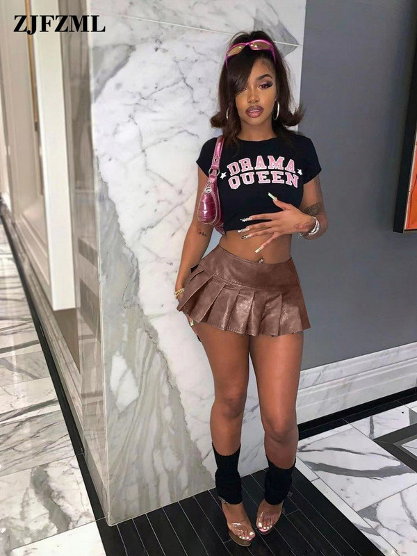 Sweet Girls Solid PU cu talie înaltă Mini fuste plisate Tinute sexy de club pentru femei 2023 Moda Vară Y2k Fusta elastică în linie A