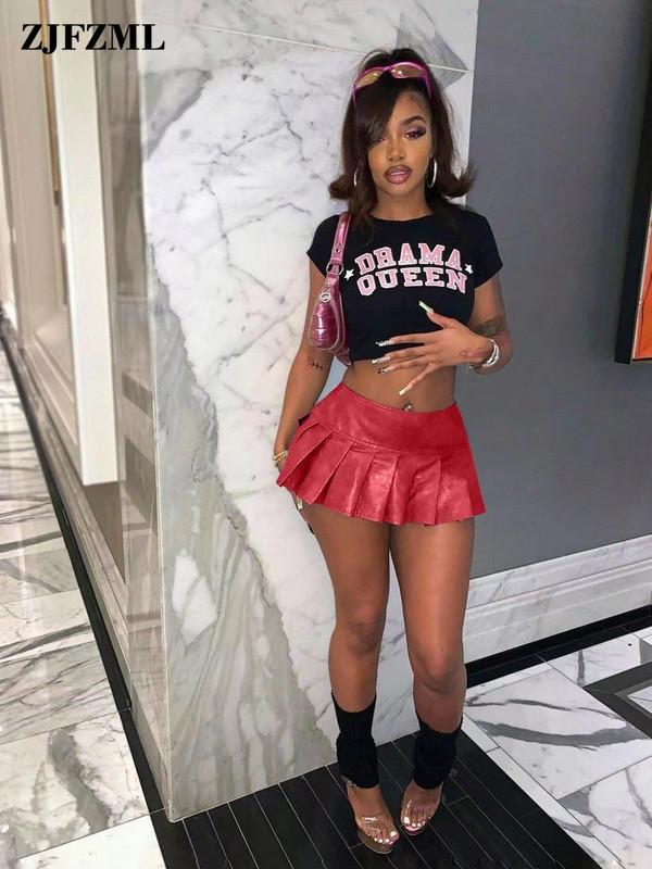 Sweet Girls Solid PU cu talie înaltă Mini fuste plisate Tinute sexy de club pentru femei 2023 Moda Vară Y2k Fusta elastică în linie A