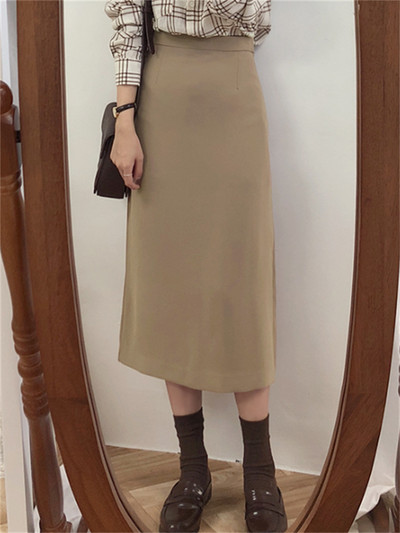 Μασίφ μαύρη καφέ Mid Calf Γυναικεία φούστα Vintage Άνοιξη Καλοκαίρι ίσια Mi-μακριά ψηλή μέση για κορίτσια Femininas χειμερινές γυναίκες