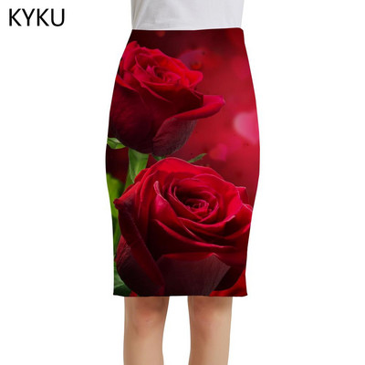 Fuste cu flori de trandafir de marca KYKU Fuste 3d cu flori pentru femei Fuste 3d romantice, elegante, roșii, fuste pentru femei, vară, petrecere cool Nou