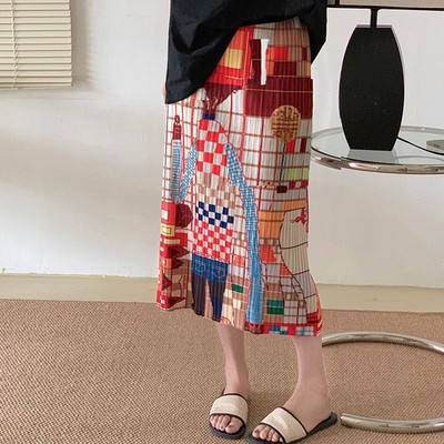 Fuste S-3XL Femei Imprimare Vintage Pliuri Personalitate de vară Talie înaltă Moda perfectă Ulzzang Vacanță Casual Stil coreean