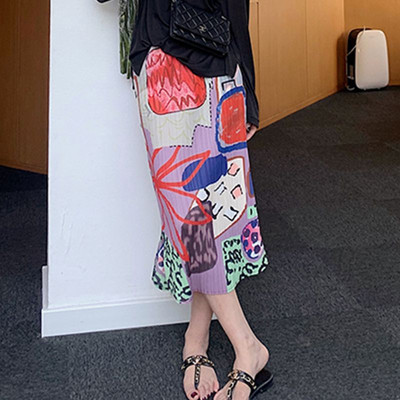 Fuste S-3XL Femei Imprimare Vintage Pliuri Personalitate de vară Talie înaltă Moda perfectă Ulzzang Vacanță Casual Stil coreean