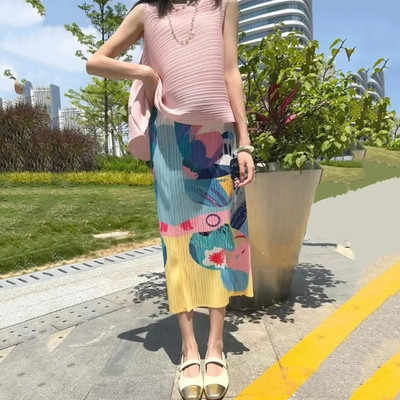 Fuste S-3XL Femei Imprimare Vintage Pliuri Personalitate de vară Talie înaltă Moda perfectă Ulzzang Vacanță Casual Stil coreean