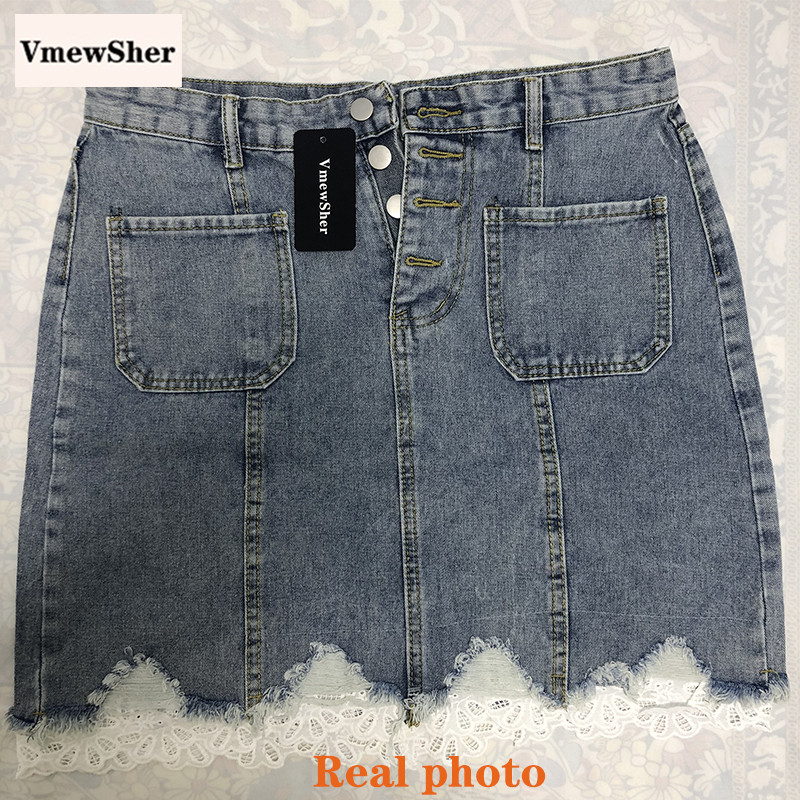 VmewSher Nova proljetno-ljetna ženska traper suknja visokog struka, čipkasti porub, ženske elegantne mini jeans suknje s džepovima na jedno kopčanje