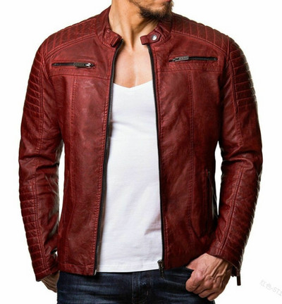 Ανδρικό μοδάτο πρεσαριστό βαμβακερό αντιανεμικό δερμάτινο παλτό PU Δερμάτινο γιακά με φερμουάρ Ζακέτα Δερμάτινο μπουφάν