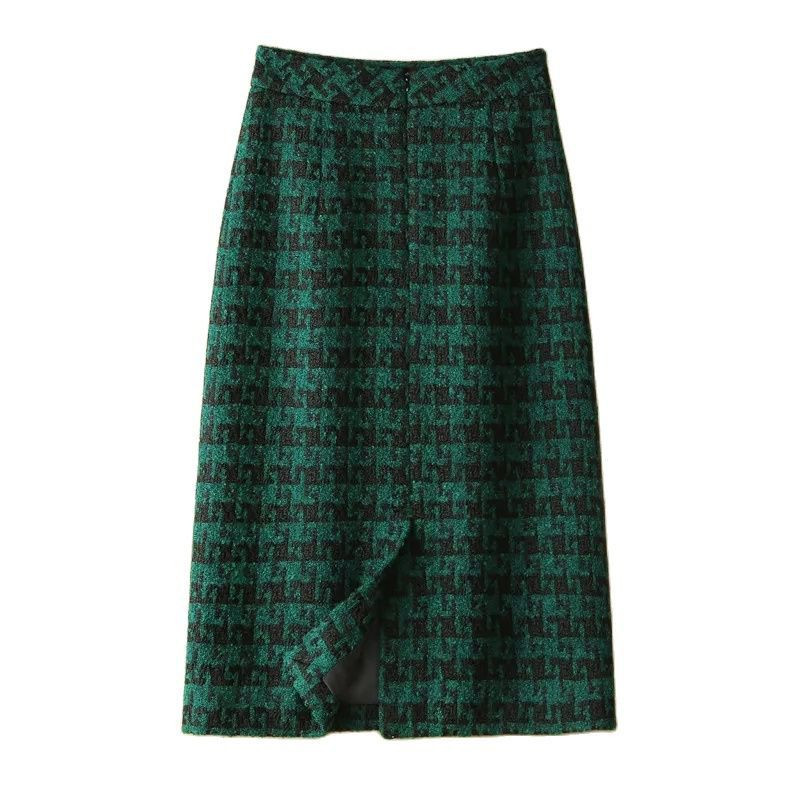 Tmavozelená vlnená sukňa s vysokým pásom a rovným vzorom, dámska, kórejská módna vintage sukňa po kolená pre ženy, jar 2023