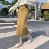 Xpqbb Φθινοπωρινή χειμωνιάτικη φούστα πλεξίματος Γυναικεία Κορεάτικη μόδα Ψηλόμεση Pencil φούστες Γυναικείες Κομψή μονόχρωμη ελαστική μακριά φούστα