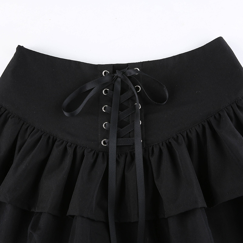 Femei Cross Lace Up Rave E Haine pentru fete Dark Academia Mini-fustă cu talie înaltă Negru Punk Goth Estetic Fuste plisate Streetwear