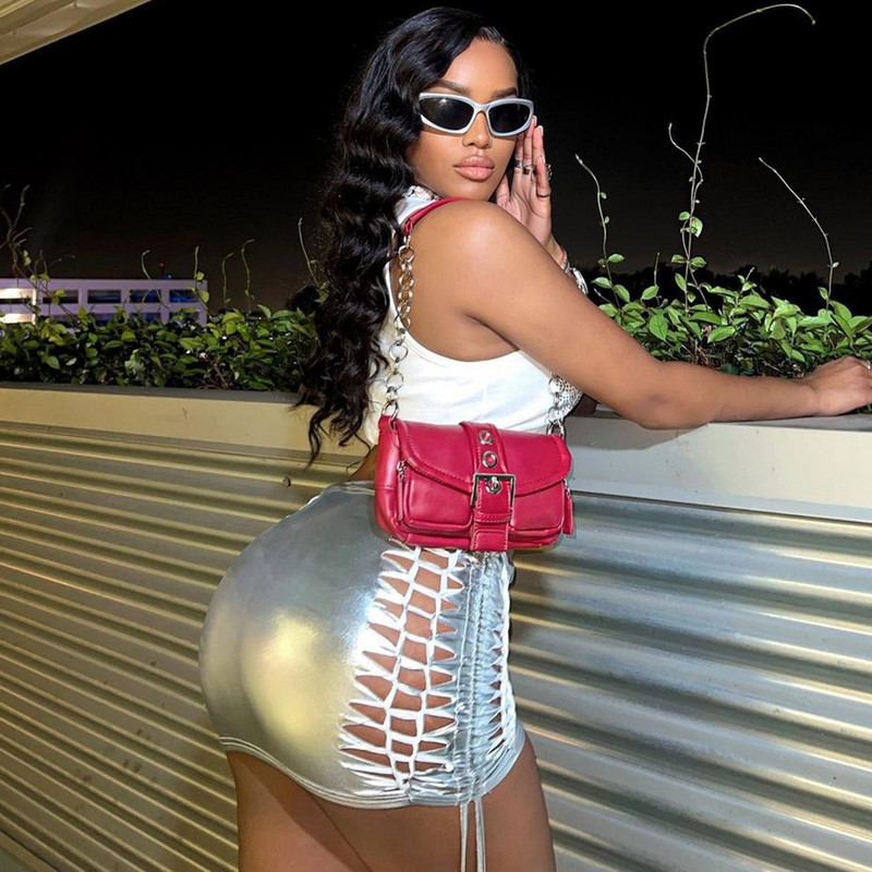 ANJAMANOR Mini suknje od metalik srebrne PU kože s visokim strukom Seksi klupska odjeća Rave Clothes Ženska izdubljena bandage suknja D82-BI11