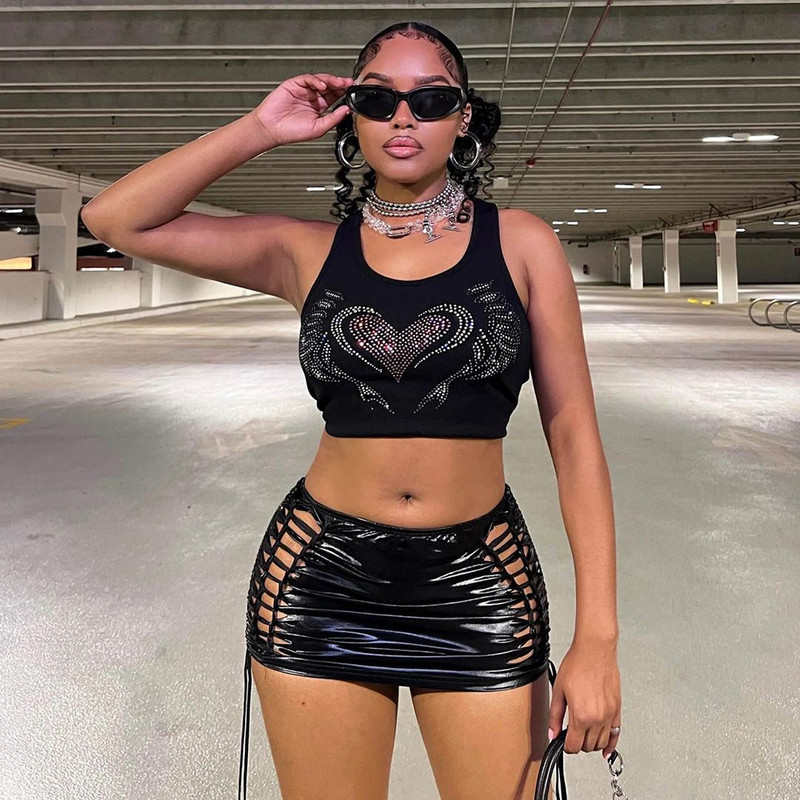 ANJAMANOR Mini suknje od metalik srebrne PU kože s visokim strukom Seksi klupska odjeća Rave Clothes Ženska izdubljena bandage suknja D82-BI11