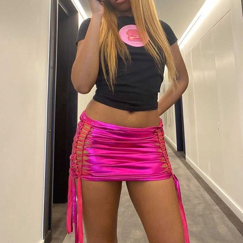 ANJAMANOR Mini suknje od metalik srebrne PU kože s visokim strukom Seksi klupska odjeća Rave Clothes Ženska izdubljena bandage suknja D82-BI11