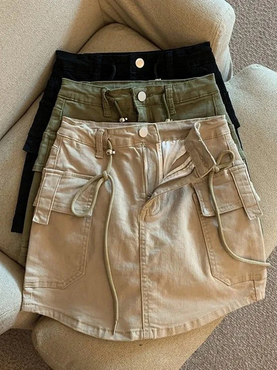 Zoki modna korejska traper mini kargo suknja Ženska ljetna traperica s visokim strukom i velikim džepovima Ležerne suknje u elegantnom stilu