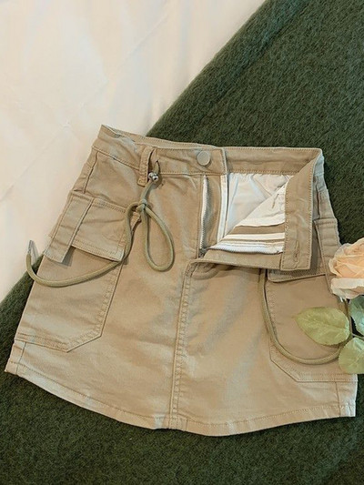 Zoki Fashion Κορεατική Τζιν Μίνι Φούστα Cargo Γυναικεία Καλοκαιρινή ψηλόμεση κορδόνι μεγάλες τσέπες Τζιν φούστα Preppy στυλ Casual φούστες