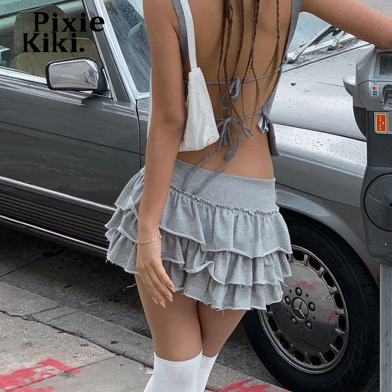Fusta mini cu talie înaltă PixieKiki Lolita Kawaii Fuste cu volane cu etaje Nou sosiri 2023 haine Y2k de vară femei P69-CD23