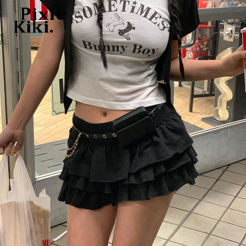 Fusta mini cu talie înaltă PixieKiki Lolita Kawaii Fuste cu volane cu etaje Nou sosiri 2023 haine Y2k de vară femei P69-CD23