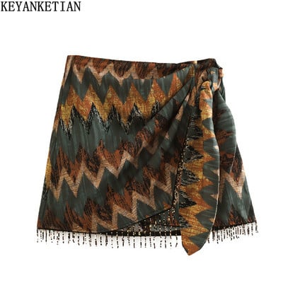 KEYANKETIAN Nova vintage mini suknja s geometrijskim printom, sarong sa čvorovima i perlama s omotom na rubove Vestidos Ležerna kratka skorta s patentnim zatvaračem Mujer