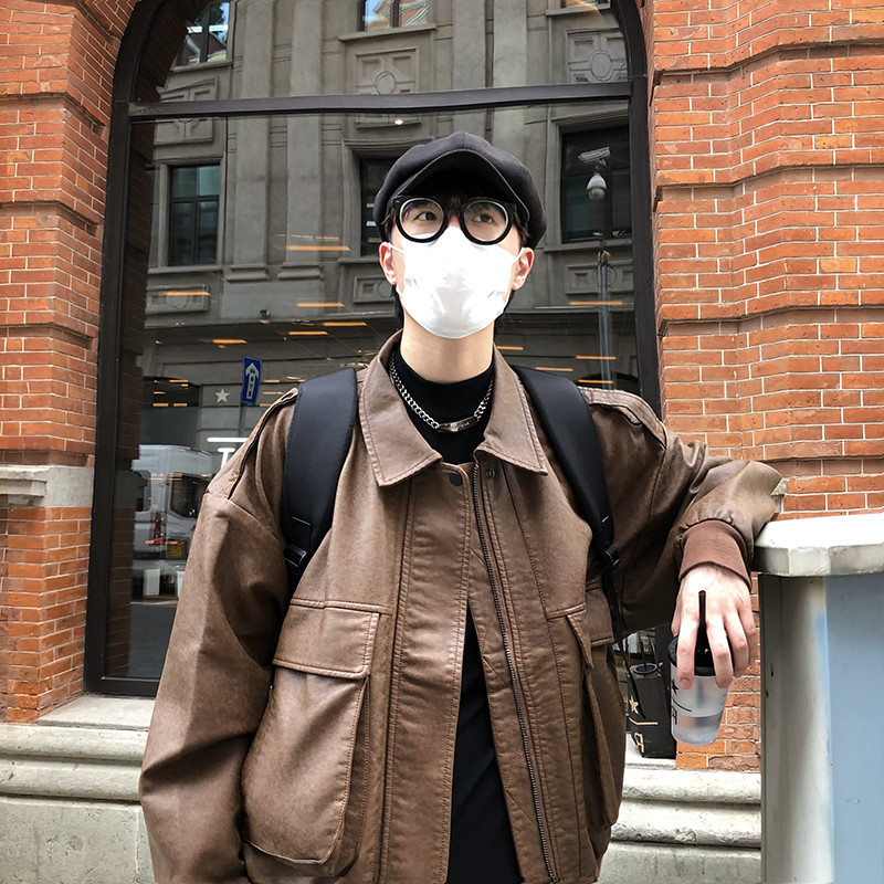 Američka retro smeđa kožna jakna Muška smeđa bejzbol bomber jakna Trend motociklistička biciklistička kaput na rever Unisex punk ulična odjeća