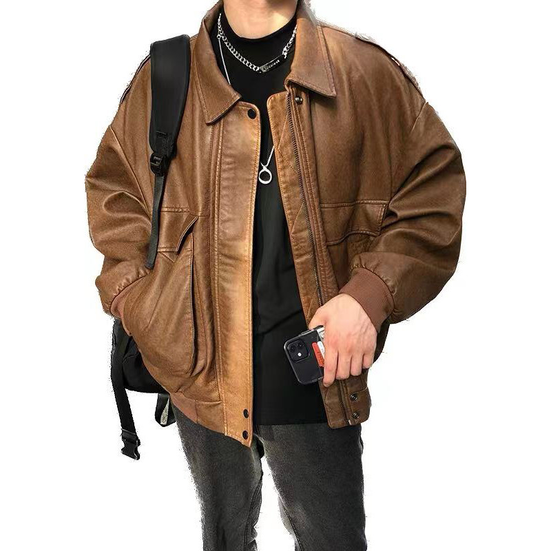 Američka retro smeđa kožna jakna Muška smeđa bejzbol bomber jakna Trend motociklistička biciklistička kaput na rever Unisex punk ulična odjeća