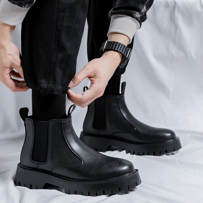 Pánske kožené chelsea čižmy s hrubou podrážkou z roku 2023, pánska móda, ležérne, biznis, členkové čižmy, protišmykové, nositeľné