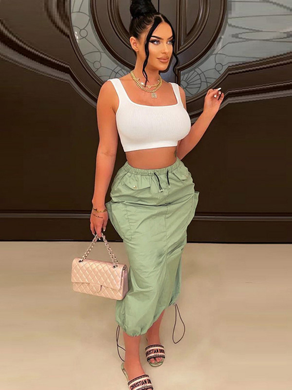 Weird Puss Frock Φούστες Γυναικείες casual τσέπη με κορδόνια Καλοκαιρινή τάση Skinny ψηλόμεση Wild streetwear Back Split Med Bottoms