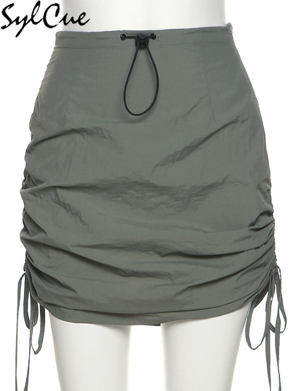 Fusta scurtă pentru femei Sylcue, verde armată, pliuri retro, toate se potrivesc, sexy, matură, fierbinte, auto-cultivare, ieșire pe stradă feminină