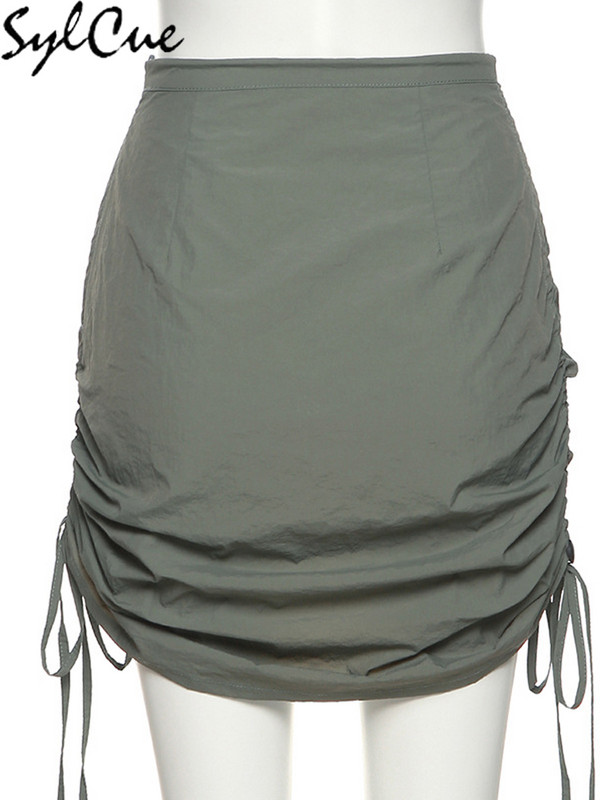 Fusta scurtă pentru femei Sylcue, verde armată, pliuri retro, toate se potrivesc, sexy, matură, fierbinte, auto-cultivare, ieșire pe stradă feminină