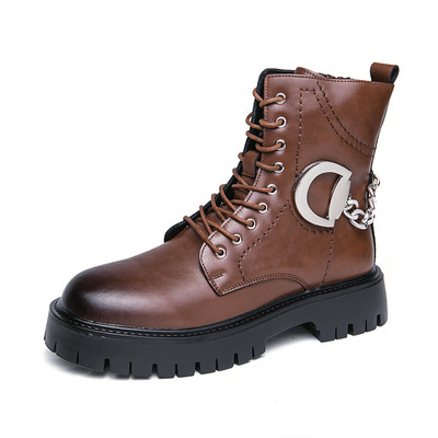Zimske kožne čizme s debelim potplatom i okruglim prstima Visoke muške cipele Viteške čizme na vezanje Muške dizajnerske motociklističke čizme na špic