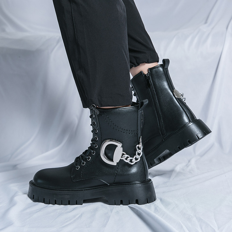 Zimske kožne čizme s debelim potplatom i okruglim prstima Visoke muške cipele Viteške čizme na vezanje Muške dizajnerske motociklističke čizme na špic
