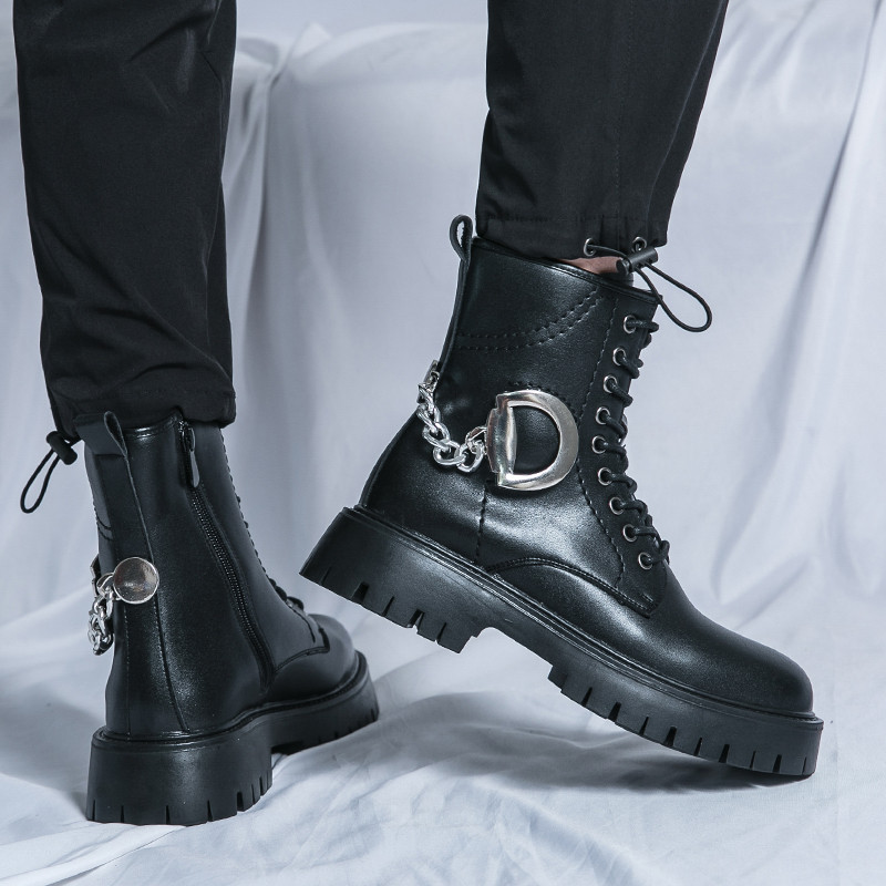 Zimske kožne čizme s debelim potplatom i okruglim prstima Visoke muške cipele Viteške čizme na vezanje Muške dizajnerske motociklističke čizme na špic
