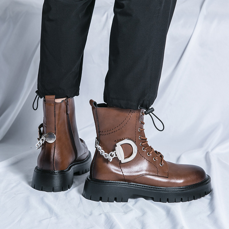 Zimske kožne čizme s debelim potplatom i okruglim prstima Visoke muške cipele Viteške čizme na vezanje Muške dizajnerske motociklističke čizme na špic