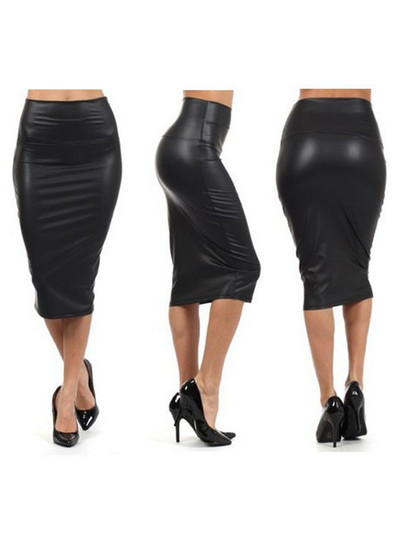 CUHAKCI Fusta sexy pentru femei cu despicare in spate Fusta neagra Bodycon Clubwear cu talie inalta Fusta din piele PU Fuste lungi cu creion vintage