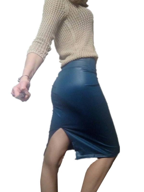 CUHAKCI Fusta sexy pentru femei cu despicare in spate Fusta neagra Bodycon Clubwear cu talie inalta Fusta din piele PU Fuste lungi cu creion vintage