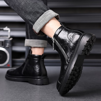Нови мъжки черни ботуши Челси Топли мъжки ежедневни обувки от кожа Дизайнерска рокля Ботуши със страничен цип Елегантни бизнес обувки